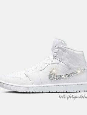 Nike Women’s White Mid-Top Sneakers with Crystal Swoosh Air Jordan Retro 1 Mid